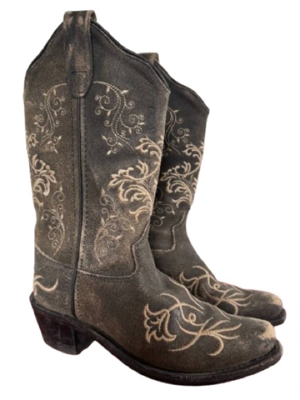 Old West Charcoal Snip Toe Western Boot Embroidered Distressed Pull On 1.0-D